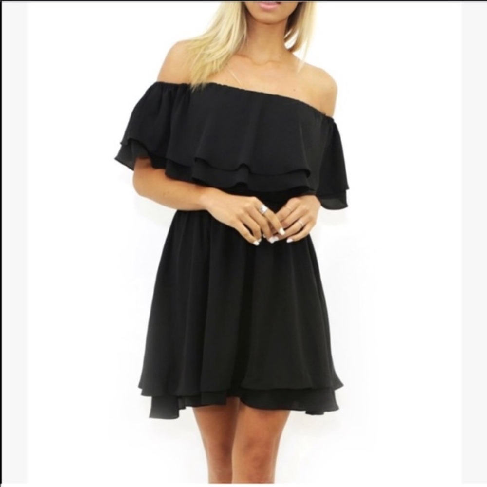 Amanda Uprichard Black Ruffle Off-Shoulder Dress
